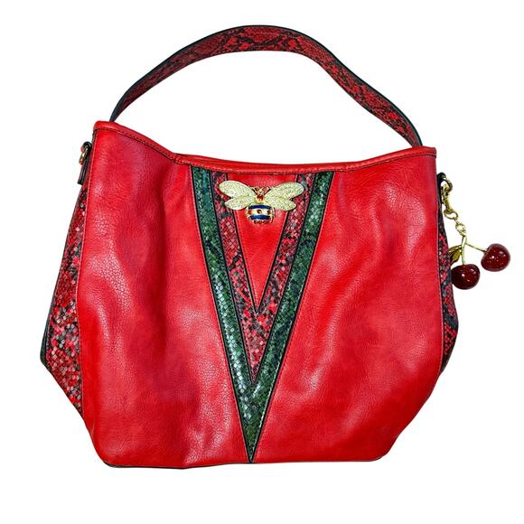 Red Faux Leather Bee & Cherry Embellished Hobo Shoulder Bag -Excellent Condition - Picture 1 of 4